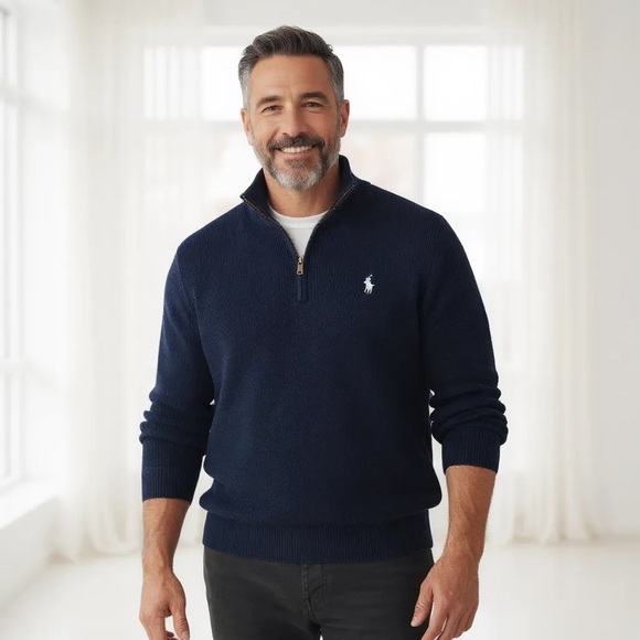 POLO RALPH LAUREN XXL Washed Navy Blue Mesh Knit 1/4 Quarter Zip R $138 - Picture 1 of 6